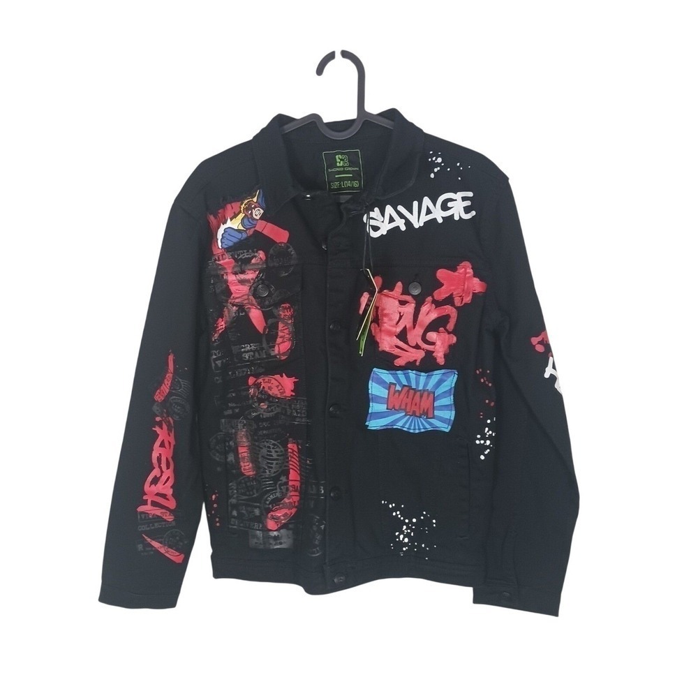 Sacred Crown Boys Graffiti Denim Jacket L 14-16 Black Y2K Streetwear NWT